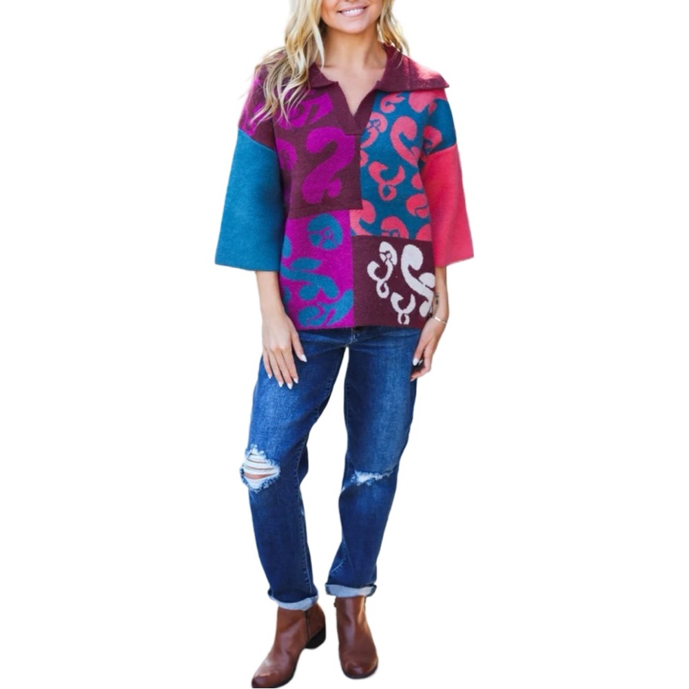 NEW ENTRO FEELING YOUR BEST WINE ABSTRACT PRINT COLOR BLOCK V NECK SWEATER - Picture 3 of 7